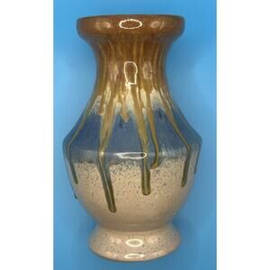 Vintage Art Pottery Blue Brown Drip Glaze Vase Italy 8” Handmade